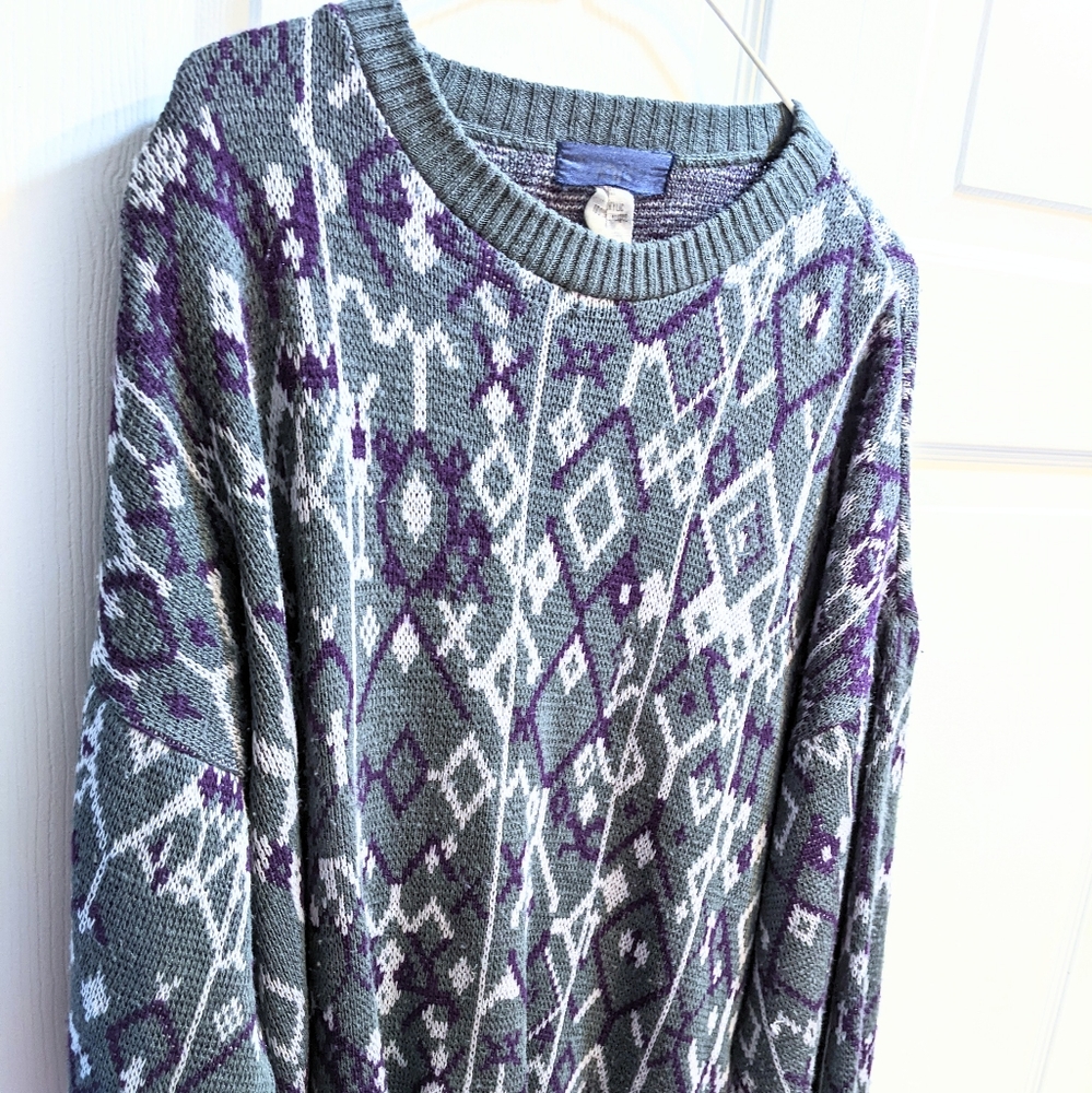 Vtg Diamond Print, Autumn Grandpa Sweater. M. - Picture 7 of 15